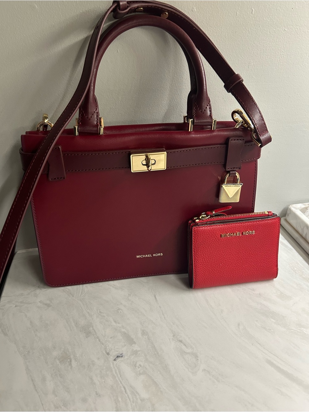 Michael Kors Burgundy Satchel with Red Card Wallet